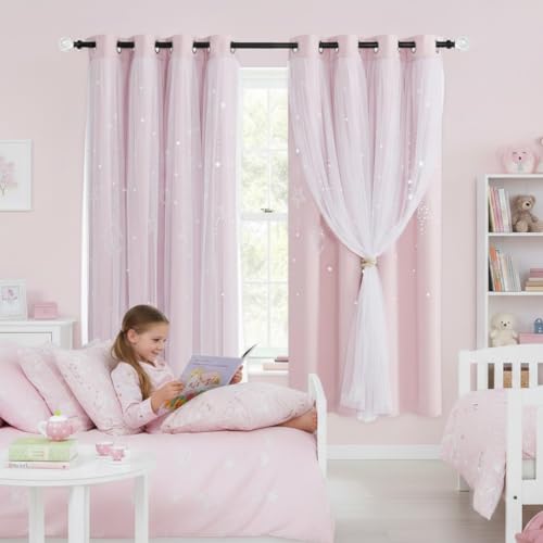 Image of NICETOWN Moon and Stars Cutout Blackout Curtains with White Sheer Voile for Bedroom/Christmas, Grommets Noise Reducing Window Treatment Draped for Grils Room, 1 Pair, 52" Wide x 63" Long, Baby Pink