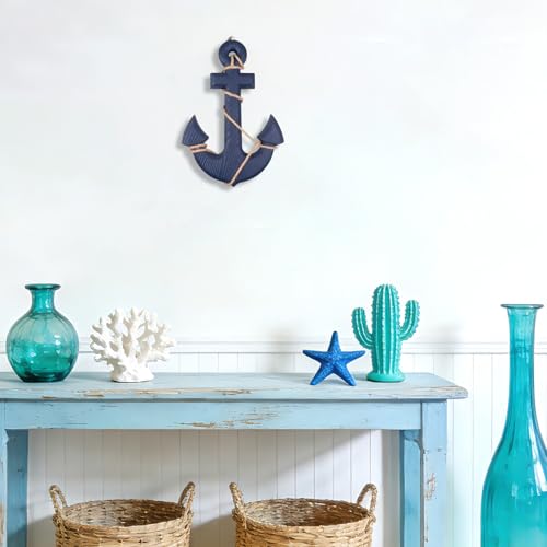 Image of 13 inch Nautical Wooden Anchor with Rope Nautical Beach Wood Anchor Wall Art Decor Door Hanging Ornament Beach Theme Home Decoration (Blue)