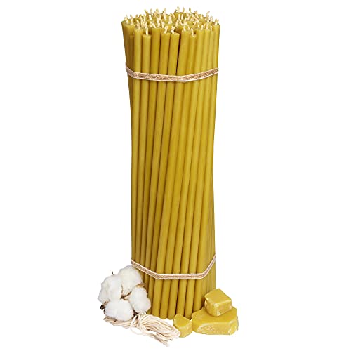 Diveevo Kirchliche Bienenwachskerzen â30 - Bernstein 100 Stk. I hochwertige Ritualkerzen L-29,5 cm Ã-8,5 mm I 150 Min Brenndauer in honiggelb I 1,33 kg dünne Kerzen tropf- und rauchfrei