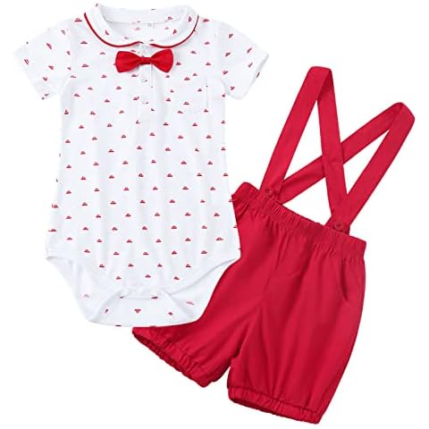 Benylion Infant Baby Boy Gentleman Outfits Rompers Suspenders Shorts and Bow-tie Formal Suit Wedding Baptism 3PCS Clothing Set Red 0-3 Months Cover