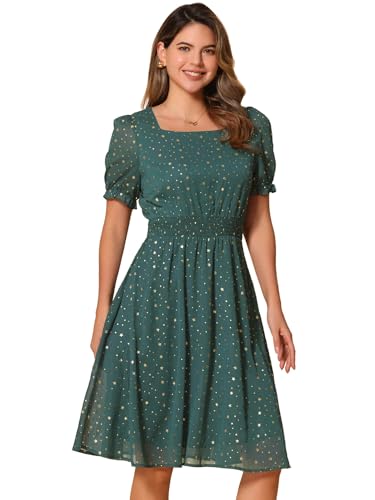 Image of Allegra K Party Midi Dress for Women Ruffle Short Sleeve Elastic Waist A-Line Metallic Star Dresses