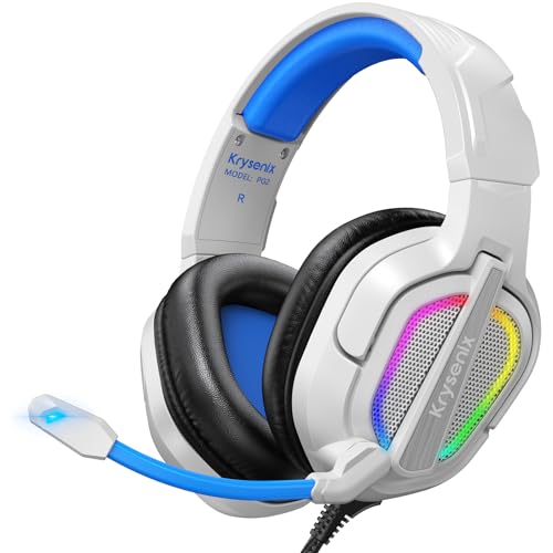 PG2 Auriculares Gaming para PS4, PS5, PC, Xbox, Nintendo Switch, Cascos Gaming con Sonido de Micrófono Estéreo IA, Cascos con Conector de 3.5 mm y luz RGB, Blanco/Azul