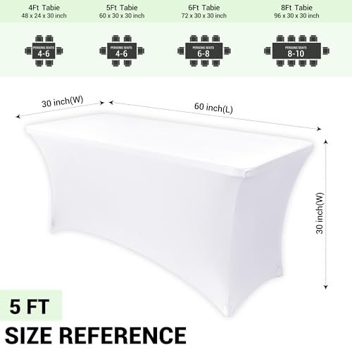 Image of Obstal Spandex Table Cover 5ft Fitted Tablecloth Rectangular - Stretch Rectangle Folding Table Cloth for Birthday Party Wedding Banquet, White, 60L x 30W Inch