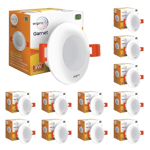 Image of wipro Garnet 3W Led Mini Downlight for Home & Cabinet| Warm White (2700K) | Compact Design with 120 Beam Angle | Recessed Down Light for False Ceiling | Cutout-2.3 Inch | Pack of 12,Polycarbonate