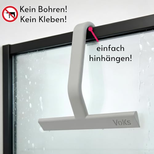 VoKs Duschabzieher Silikon, Einteilig mit Integriertem Haken, Selbsthängend, Streifenfrei für Glas, Dusche & Fliesen, Ergonomisch, ohne Bohren (Grau)