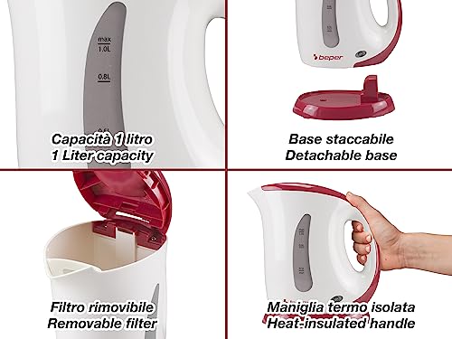 BEPER BB.050 Hervidor de Agua Eléctrico, Capacidad de 1L, Indicador Graduado, Apagado Automático, Aapagado Automático en Ausencia de Agua, Ebullición Rápida, Electric Kettle - imagen 3