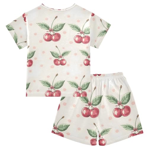 ALAZA Yellow Polka Dot Cherry Bow Pajamas Set Short Sleeve Cotton Sleepwear Summer Pjs 2 Piece 5-14Y2