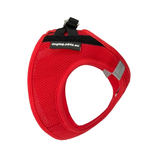 P24S SMART Step-In Hundegeschirr mit 2 kostenlosen personalisierte Namensaufkleber Klettsticker Wunschetikette für kleine Hunderassen mit Digital Hundefinder Dienst (Rot, S (Brust 46-57 cm))
