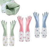 LOLANIUT 3 Stück Lange Gummihandschuhe, Wasserdichte Spülhandschuhe für Küche, Bad & Garten, Chemikalienbeständig, Weich, Rutschfest, Langlebig & Wiederverwendbar in Rosa, Blau und Grün