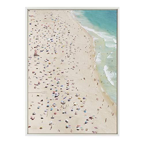 Kate and Laurel Sylvie Crowded Beach from Above Framed Canvas Wall Art by Amy Peterson, 28x38 White, Coastal Beach Art for Wall
