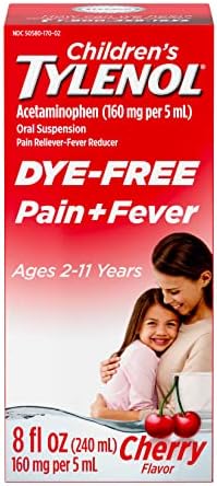 Tylenol Children's Liquid Oral Suspension Pain Reliever & Fever Reducer with Acetaminophen, Aspirin-, Ibuprofen-, High Fructose Corn Syrup- & Dye-Free, Cherry, 8 Fl. Oz