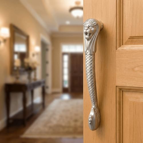 Image of GLOXY Premium Silver 11.5 inch Lion Shaped Main Door Handle with 9.5 inch Hole-to-Hole Spacing - Decorative Push & Pull Aluminium Handle for Wooden & Glass Doors - Ideal for Home, Hotel, Villa & Office