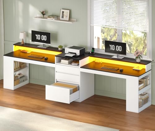 96.6' Long Computer Desk, 2 Person Desk with LED Lights & Power Outlet, Modern Two Person Gaming Desk with File Drawers, Monitor Stand, Printer Shelf ＆ Storage, Double Table for Home Office White