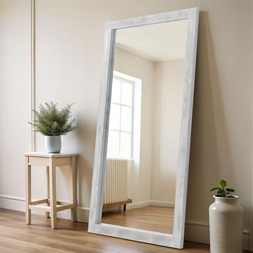 Rustic-Farmhouse-Full-Length-Mirror-with-Stand-71X32-Large-Wood-Frame-Floor-Mirror-Leaning-or-Wall-Mounted-Free-Standing-Mirror-Tempered-Glass-Full-Body-Mirror-for-Bedroom-Living-Room-White Rustic Farmhouse Full Length Mirror with Stand 71X32 Large Wood Frame Floor Mirror Leaning or Wall Mounted Free Standing Mirror Tempered Glass Full Body Mirror for Bedroom Living Room White