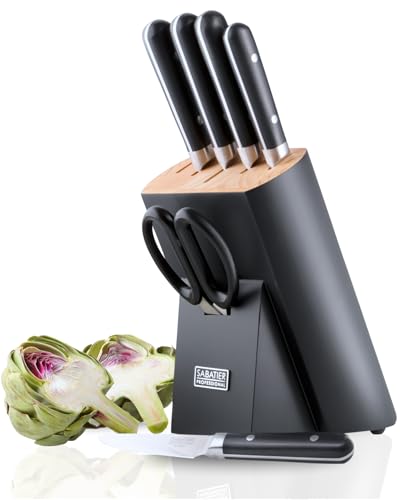 Sabatier Professional 6-Piece Knife Set with Block – Kitchen Knives with Sharp Stainless Steel Blades - Carving, Bread, Chef, Utility, Paring Knife, & Scissors for Cutting Meat, Vegetable, Fruit