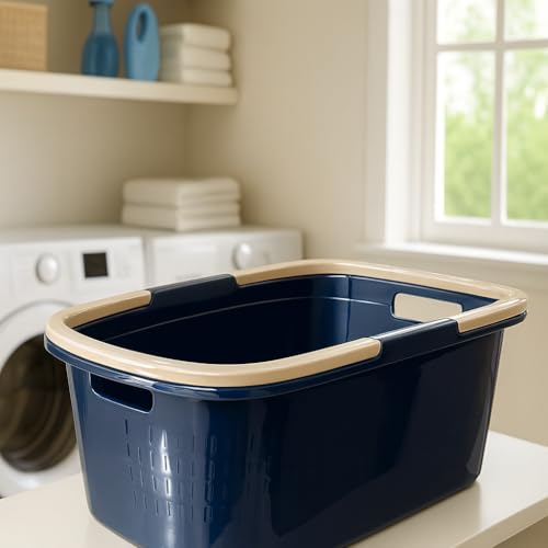 32 Liter Henkel Wäschekorb Wäschewanne Bügel Wäsche Plastik Griffen Kunststoff Korb Grau Blau (Blau)