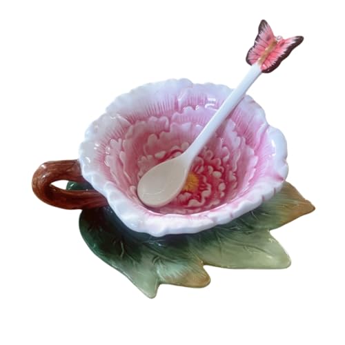 Minigift Ceramic Tea Cup And Saucer Set ,8Oz 3D Hand-Painted Peony Flower Coffee Mug,Gift For Women -Pink cover