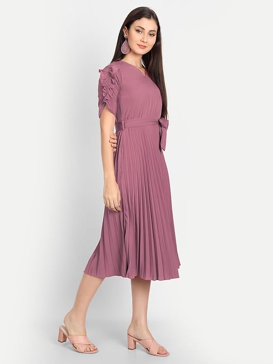 Image of KUDUZO Women's Crepe Mauve Color V Neck Designer Short Sleeve Knee Length Pleated Dress Size S to XL (5H-1D5M-YD5L)