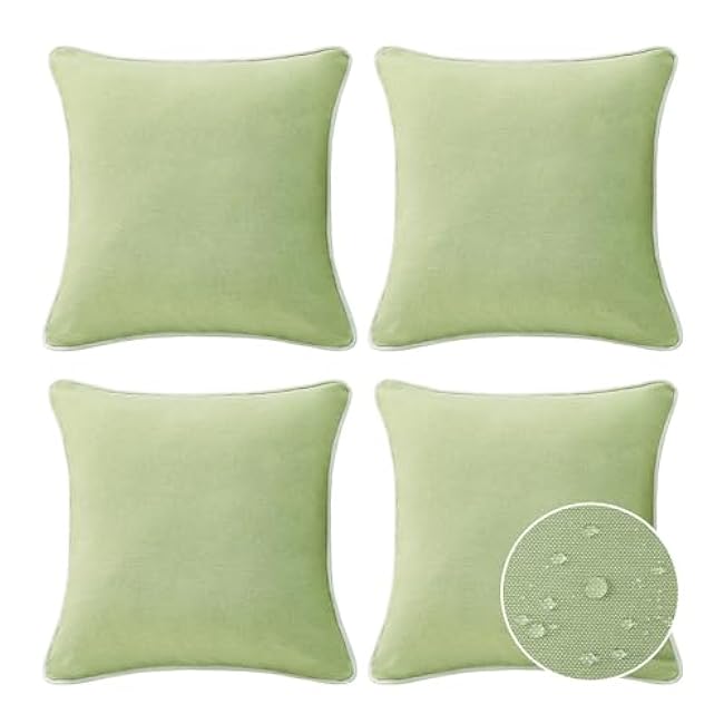Decorative Outdoor Water Repellent Throw Pillows with Inserts, Set of 4, 18 x18 Pillows for Patio, Backyard, Bed, Couch, and Patio Furniture, Seaweed Green