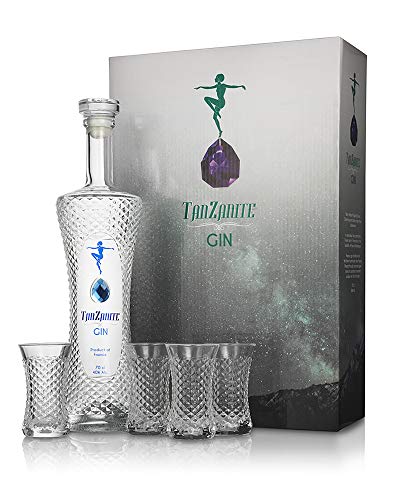 Tanzanite Gin - Premium French Gin Gift Box with Four Shot Glasses - Anise, Angelica Root, Cinnamon, Orange Peel, Coriander, Cassia Bark Botanicals - Gin Gift for Family, Friends - 70CL