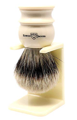 Edwin Jagger Extra Large English Shaving Silver TIp Badger Brush & Stand (Imitation Ivory)