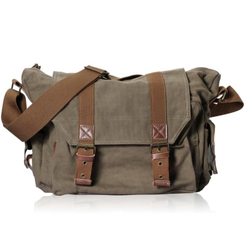 DremFreo Sac Messager Appareil Photo avec Insert Rembourré Toile Sac Bandoulière pour DSLR Objectifs BG507 34x13x27cm (Vert militaire)