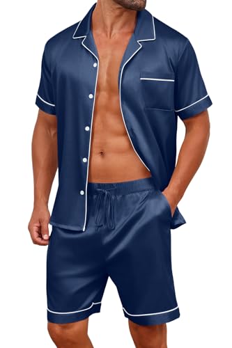 Vssjavun Mens Satin Silk Pajamas Sets Short Sleeve Button-Down Sleepwear Two Piece Loungewear with Pockets
