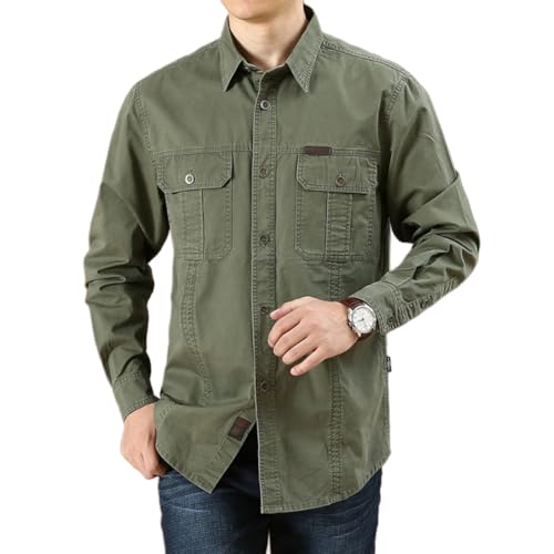 Camisas de Trabajo de Algodón para Hombre, Camisa de Militar de Manga Larga con Botones Ropa Cargo, 2 Bolsillos, Regular Fit para Pesca, Tala, Senderismo, Caza，VerdeMilitar，XXL