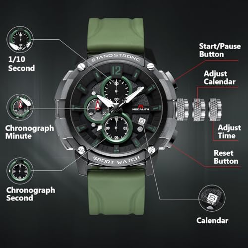 Image of MEGALITH Heavy Duty Watches for Men: Sport Military Analog Wrist Watch | 1 /10 Sec Chronograph, Large Face, Silicone, Waterproof Luminous, Black Everyday Watch, Work Outdoor,Gifts for Husband Father