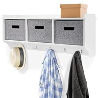Taylor & Brown White Wooden Wall Mounted 5 Hook Coat Rack Display Storage Unit Shelf Modern Hallway Organiser Hooks Stand Hat with 3 Fabric Baskets - W90 x D20 x H34cm