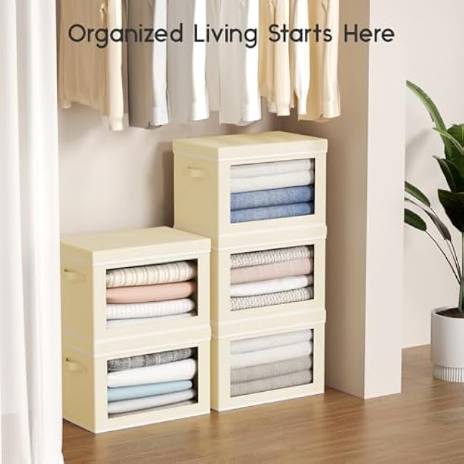 Collapsible Storage Bins with Lids - Stackable Storage Containers with Window, 6 Pack Fabric Organizing Bins for Closet, Home & Office Organization Baskets, Beige, 14.9 x 9.8 x 9.8