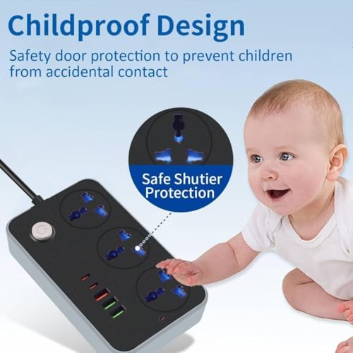 Image of Extension Board with 3 Universal Sockets, 4 USB Ports & 2 Type-C Ports | 2500W 10A Power Strip | Heavy Duty 3 Pin Plug | Master Switch | Multi Plug Extension Board for Home, Office & Travel
