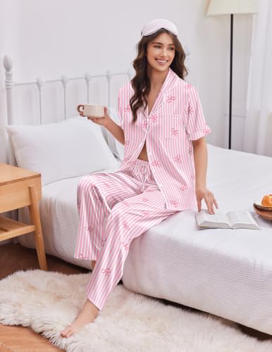 Image of Ekouaer Silk Satin Pajamas for Women Set 2 Piece Short Sleeve Button Up Pjs | Two Side Pockets,Soft Bridesmaid Lounge Set,Bridal Ruffle Sleepwear,Wedding Party,Honeymoon Vacation,Postpartum