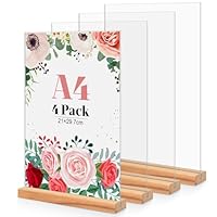 4 Stück Tischaufsteller A4, Holz T Form Acryl Ständer Preisschilder Aufsteller Tischständer für Prospekte Menükarte Werbung Fotorahmen, Kunststoff Foto Bilderrahmen mit Holzfuß für Haus, Büro, Laden