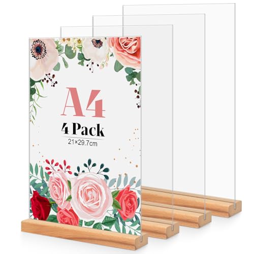 Lot de 4 Porte Affiche en Acrylique A4, Base en Bois T Forme Support Double Face Transparent, Cadre Photo en Plastique, Affichage de Menu Presentoir pour Réception, Bureau, Magasin, Restaurant, Hôtel