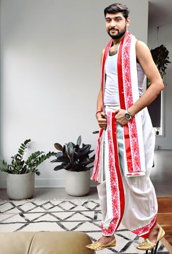 Image of Men's Ethnic | Traditional Ready to wear (Pant System) Readymade Panchakacham Dhoti With Angavastram(Towel) Set, Tassar Silk, Free Size (GC002)