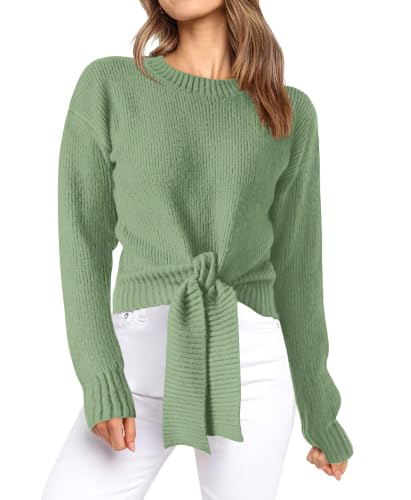 Okiwam Womens Sweater Long Sleeve Crew Neck Tie Front Crop Tops,Green,L - image 1
