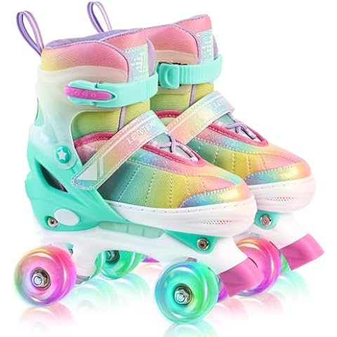 LEVYTEMP Rainbow Roller Skates for Girls Kids, Gradient Green 4 Size Adjustable Quad Skates Size Large Ages 8-12 with All Light Up Wheels for Kids Youth Outdoor Indoor Cover