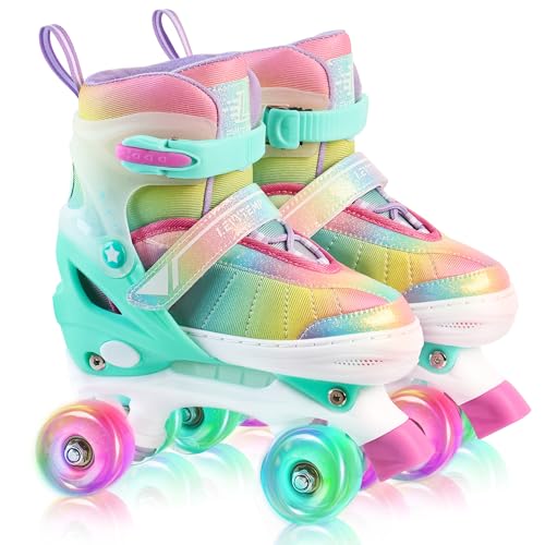 LEVYTEMP Rainbow Roller Skates for Girls Kids, Gradient Green 4 Size Adjustable Quad Skates Size Large Ages 8-12 with All Light Up Wheels for Kids Youth Outdoor Indoor by LEVYTEMP - Used condition - US$34.99