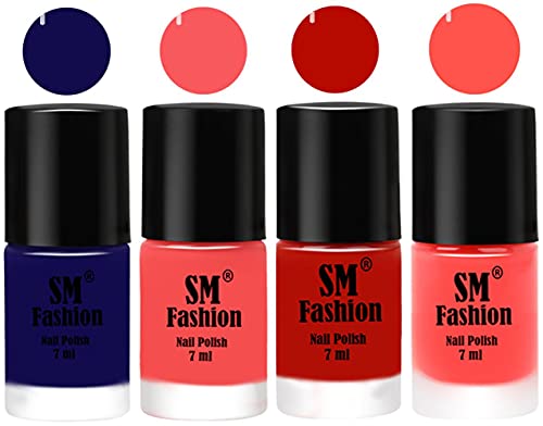 Image of Nail Polish Combo Set (Pack of 4) Quick Dry Gel Finish Nail Paint | Dark Blue,Light Pink,Red Orange,Baby Pink | 7 ml Each