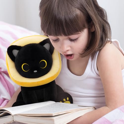 Image of Black Cat Plush - 8inches Cat Stuffed Animal with Toast Bread | Removable Hood, Cute Plushie Soft Kitten Doll Toy for Kids Boys Girls, Birthday Gifts