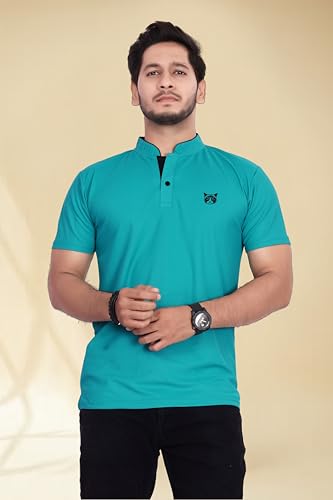 Image of BAGHADBILLO Men's and Boy's Polyster T-Shirt with Mandarin Collared Neck Half Sleeves Closuer Button and Regular Fit | Polo t Shirt for Man