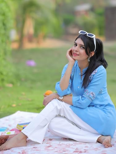 Image of Women's Viscose Rayon Embroidered A-Line Short Kurti Above Knee Regular Fit Tunic Top Office Wear Casual short kurti for women | office wear top | A-line kurti | raksha bandhan gift dress for women