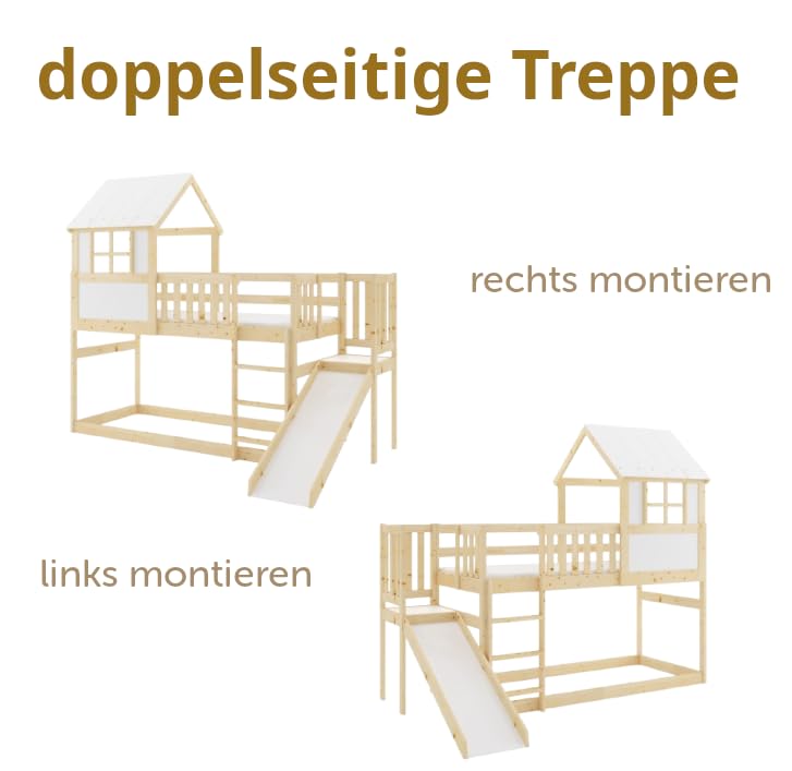 Interbeds Hochbett 200x90 cm mit Rutsche und Treppen Etagenbett Stockbett Holzbett Kinderbett mit Lattenrost Spielbett (Mit Rutsche)