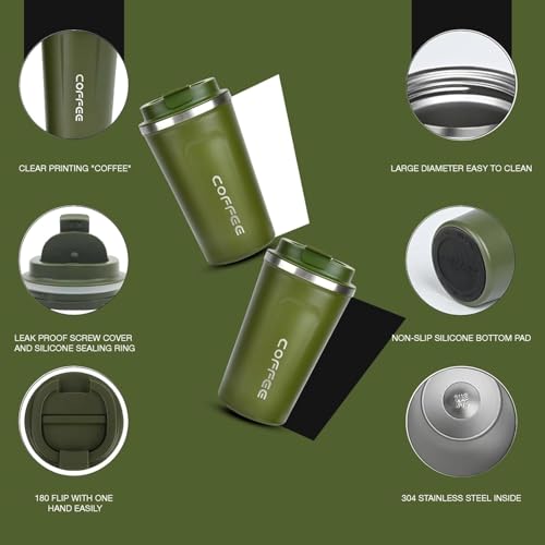 Image of Stvin 380ml Insulated Coffee Mug Travel, Stainless Steel Tumbler with Leak-Proof Lid, Reusable Thermal Cup for Hot & Cold Drinks, Car, Office, Camping & More (Green)