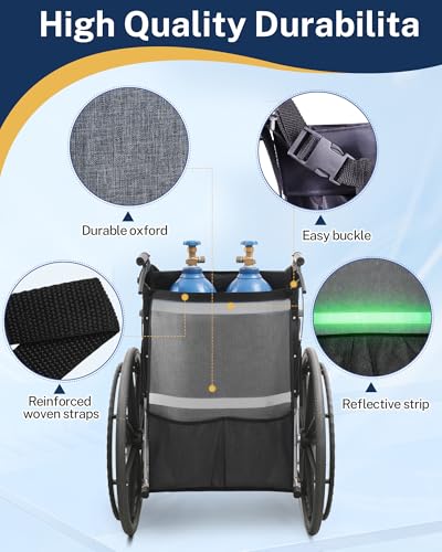 KUAZIDAR Sauerstoffflaschenhalter für Rollstuhl, Rollator & Elektromobil, Reflektierender Sauerstofftasche für D/E Zylinder, Wasserfest & Schnelltrocknend, grau, Es bietet Platz für 2 Flaschen
