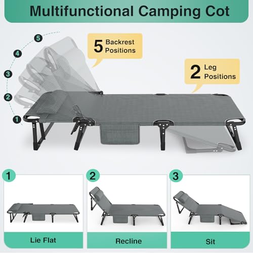 Image of Suteck Folding Camping Cot, Adjustable 5+2 Positions Reclining Portable Outdoor Cot Heavy Duty Sleeping Bed Cots w /Pillow Mat Carry Bag, Chaise Lounge Chair for Home Office Nap Beach Pool Patio Travel