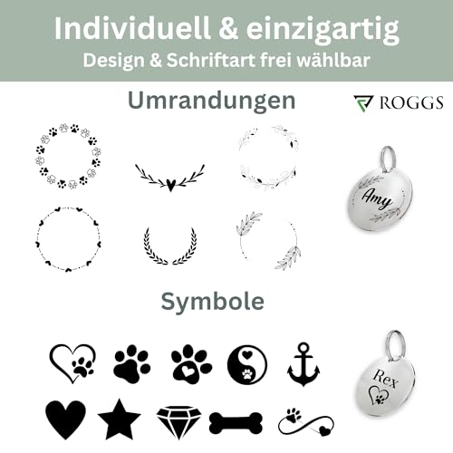 ROGGS Hundemarke mit Gravur – personalisierte Hundemarken Edelstahl rund – Dog Tag Namensschild Hund für Halsband, Adressanhänger beidseitig inkl. QR Code für Hunde, Katzen, Welpen (25mm)