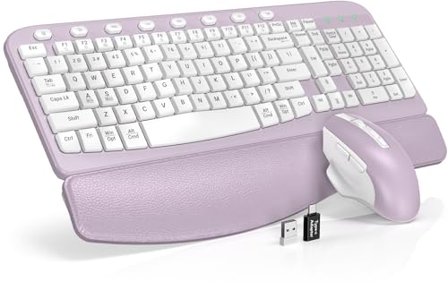 SABLUTE Wireless Keyboard and Mouse Combo Ergonomic Wave Key Cushioned Plam Rest Comfortable Silent Natural Typing 2.4G Lag-Free Full Size Keyboards Cordless Set for Multi-OS Windows/Mac Purple