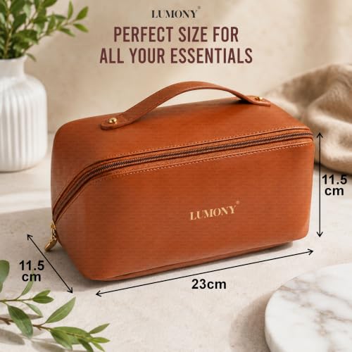Image of LUMONY Makeup Pouch Bag Leather Large Capacity Travel Toiletries Organizer Cosmetic Bag with Handle and Divider Multifunctional Makeup Bag for Easy Access Waterproof (Brown)